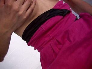 sexy asian shemale kitty milks cum with big tits after bent over anal doggystyle in fishnets heels