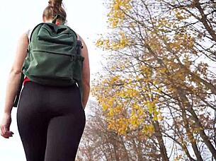 Milf In Tight Black Yoga Leggings Teases Fat Ass Voyeur Walk