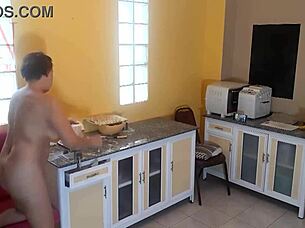 regina noir cooks naked as nudist maid housewife in kitchen