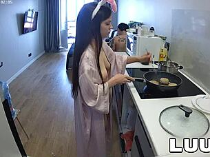 luuv cooks dinner topless on home camera