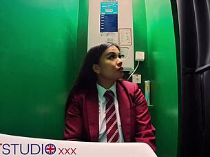 hey student girl next door swallows cum at gloryhole in uniform nylons