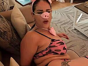 Miss Raquel Chokes on Cock Halloween Piggy Gagging