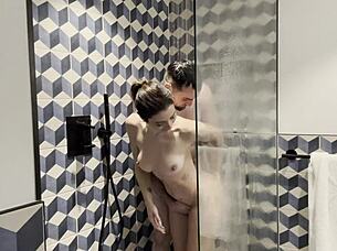 italian milf pornstar bareback fucks muscular stud in shower backstage