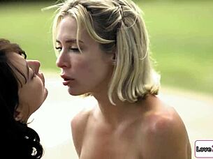 swimming instructor tongue fucks shaved blonde pussy poolside outdoors