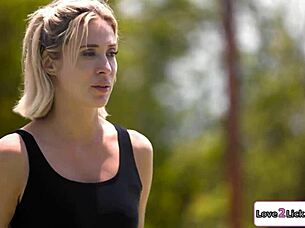 swimming instructor tongue fucks shaved blonde pussy poolside outdoors