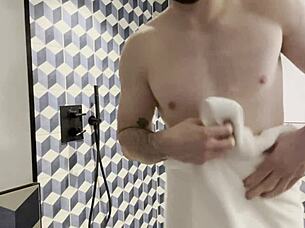 italian milf pornstar bareback fucks muscular stud in shower backstage