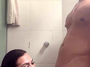 bathroom fuck ends with cumshot swallow tight pussy