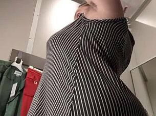 chubby brunette realizes wrong bra size in dressing room plump tits spill