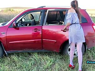 sexy russian flashes and dildo fucks in car cam