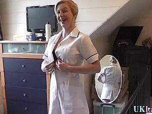 classy british nurse in stockings blows milf patient's monster cock