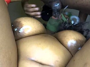oiled ebony babe slurps big black cock creamy deep