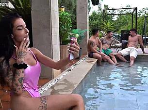 three hung friends rip clothes and destroy skinny italian slut's holes hard