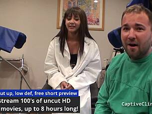 Eliza Sheilds spreads her shaved asian pussy in latex gloves backstage fetish play