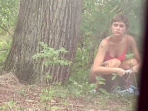 wild brunette milf threesome deepthroats and rides in forest creampie chaos