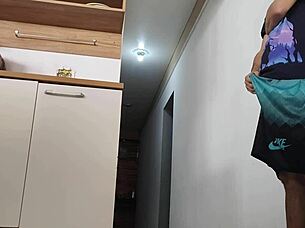 risky sex while husband showers friend's cock gets hard inside