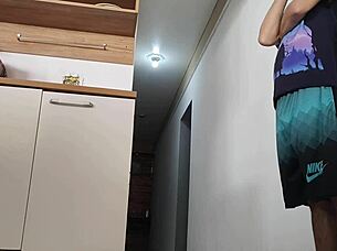 risky sex while husband showers friend's cock gets hard inside