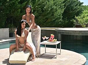hey pool guy, carolina guerrero and lia lin want your cock in our threesome now