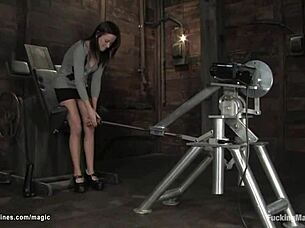 hairy brunette squirts hard from rough dildo machine fucking and insertions