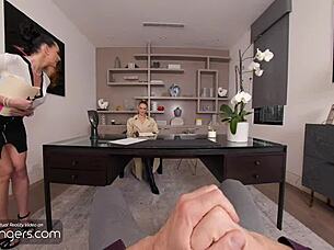 Hot blonde in sexy lingerie fingers pussy and cums hard at vr job interview