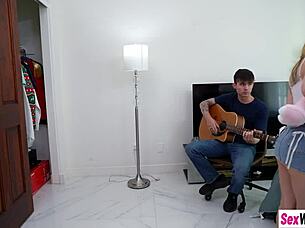 Tiny blonde teen deepthroats gags on monster cock before tight pussy pounding