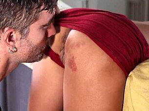 Red Shorts Hottie Bent Over Couch for Ass Licking Action