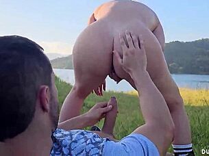 thick blonde babe with huge tits fucked hard outdoors by muscular stud