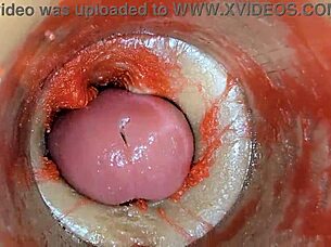 Camera deep in oiled pussy films massive creampie ejaculation up close