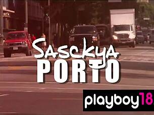 Hot Big Boobed Latina Sasckya Porto Strips on Snowy Bench!