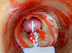 Camera deep in oiled pussy films massive creampie ejaculation up close