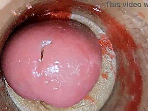 Camera deep in oiled pussy films massive creampie ejaculation up close