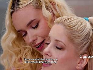 blonde lesbian tongues milf pussy under desk almost caught squirting hard