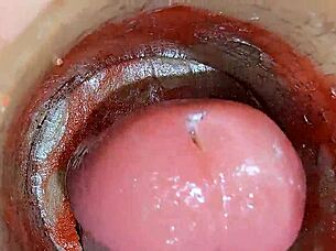 Camera deep in oiled pussy films massive creampie ejaculation up close