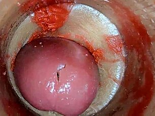 Camera deep in oiled pussy films massive creampie ejaculation up close