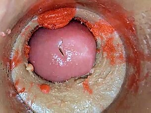 Camera deep in oiled pussy films massive creampie ejaculation up close