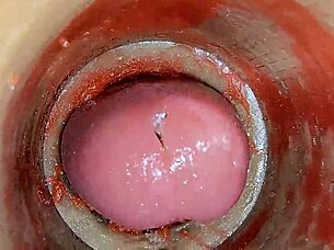 Camera deep in oiled pussy films massive creampie ejaculation up close