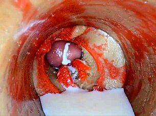 Camera deep in oiled pussy films massive creampie ejaculation up close