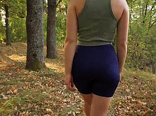 heart pounds teasing panty lines in tight yoga shorts outdoors