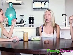 Stepdad sneaks on naughty petite babe while stepmom naps kinky orgasm