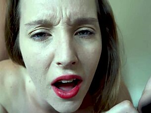 brunette in red lipstick gives pov blowjob creampie ride