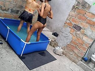 Athletic indian and curvy latina women relax by the pool under warm sun