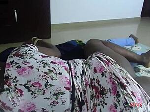 Neighbor fucks busty ebony wife beside sleeping husband who punishes with creampie