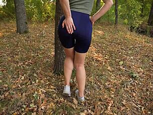 heart pounds teasing panty lines in tight yoga shorts outdoors