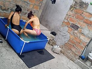 Athletic indian and curvy latina women relax by the pool under warm sun