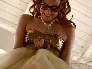 hey, check this sweet glasses babe taking big dick in her hairy pussy