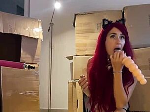 Red Fetish Cat Girl Sucks Aroused Sex Machine