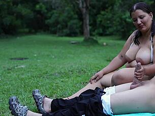 voyeur woman strokes cock outdoors public park tease