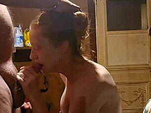 redhead casually devours throbbing cock swallows every drop