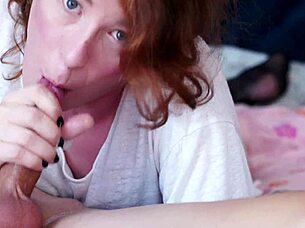 Cute redhead transgirl deepthroats cock sloppily