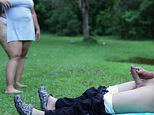 voyeur woman strokes cock outdoors public park tease