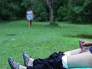 voyeur woman strokes cock outdoors public park tease